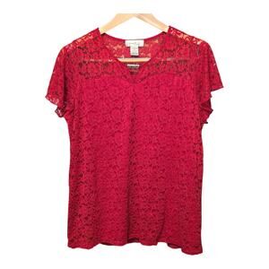 Emma & Olive Top Womens Size Plus 1X Red Lined Floral Laced Romantic Cottagecore